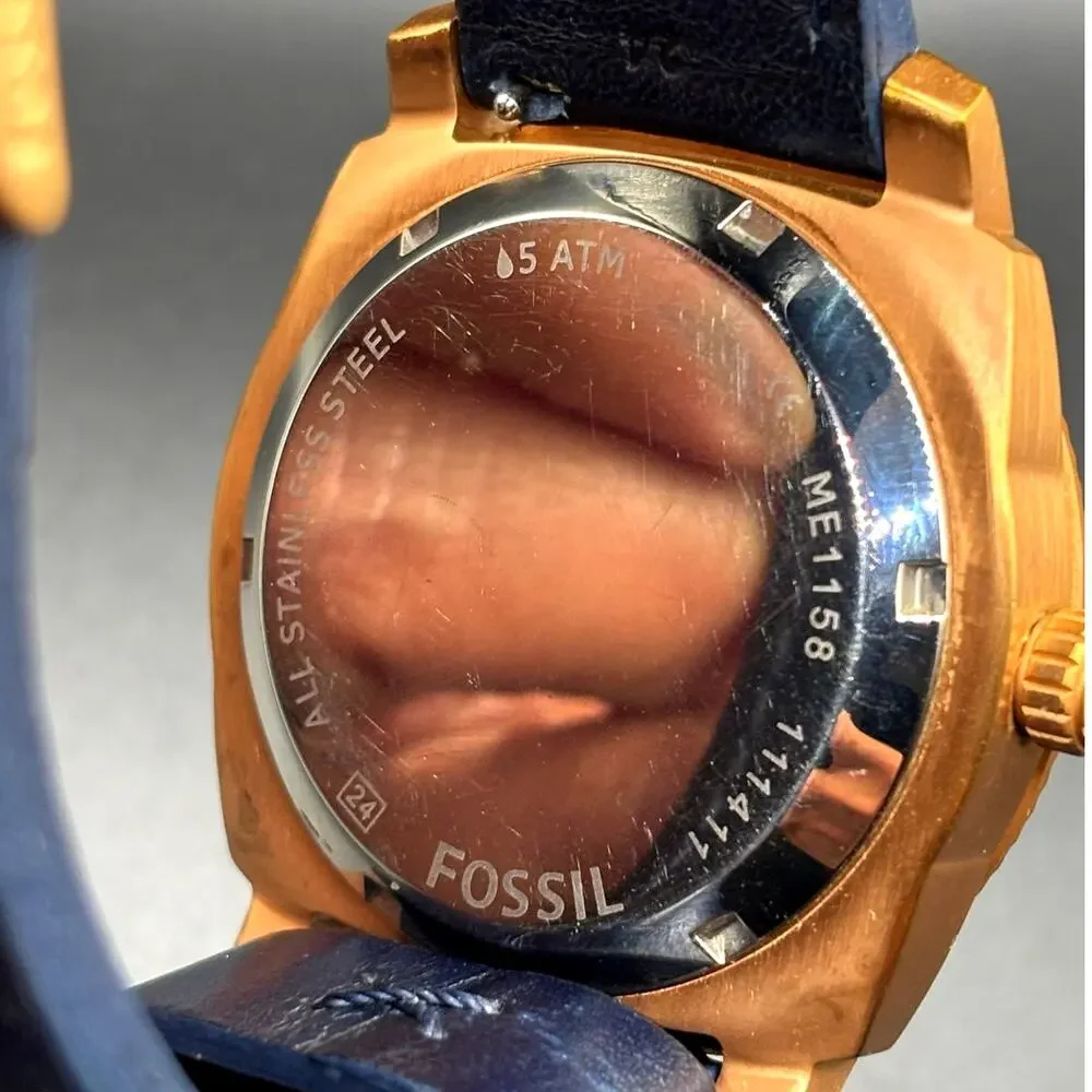 Fossil ME1158 Machine Twist Hybrid Rose Gold Blue Leather Men's Watch 45mm